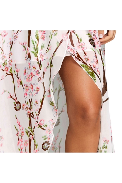 V Neck Sleeveless Floral Printed Split Front Maxi Asymmetrical Dress
