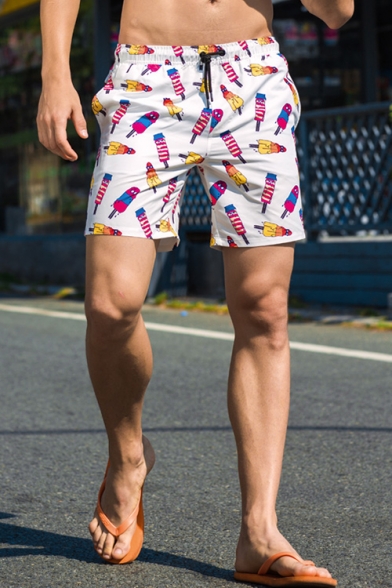 White Chic Popsicle Ice Cream Swimming Trunks for Men with Mesh Liner