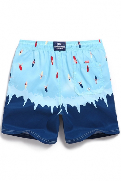Blue and Navy Funny Color Block Surfing Cartoon Swim Shorts Bathing Suit for Male with Lined Side Pockets