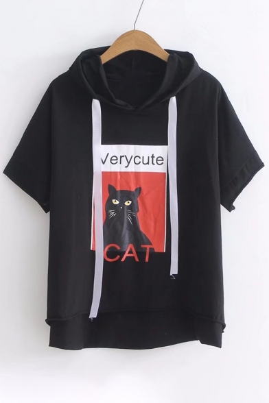 CAT VERY CUTE Animal Printed Short Sleeve Hooded Tee