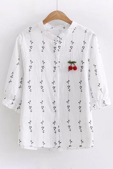 Cherry Embellished Leaf Printed Round Neck Half Sleeve Buttons Down Shirt
