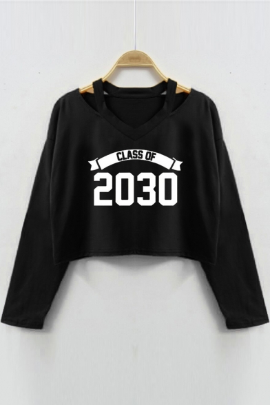 CLASS OF 2030 Letter Printed Hollow Out Long Sleeve Crop Sweatshirt
