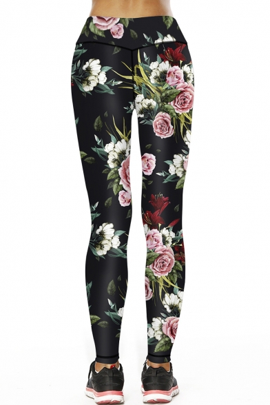 Color Block Floral Printed Hollow Out Detail Skinny Sports Leggings