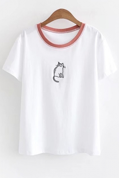 Contrast Round Neck Cat Embroidered Short Sleeve Tee