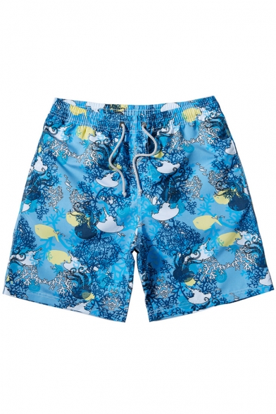Designer Blue Coral Fish Pattern Swimming Shorts for Men with Drawstring and Pockets