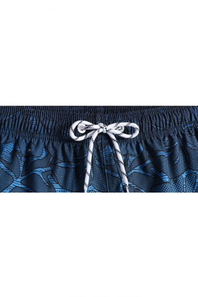 Designer Blue Elastic Ombre Leaf Print Swim Trunks Shorts for Male with Mesh Lined Pockets
