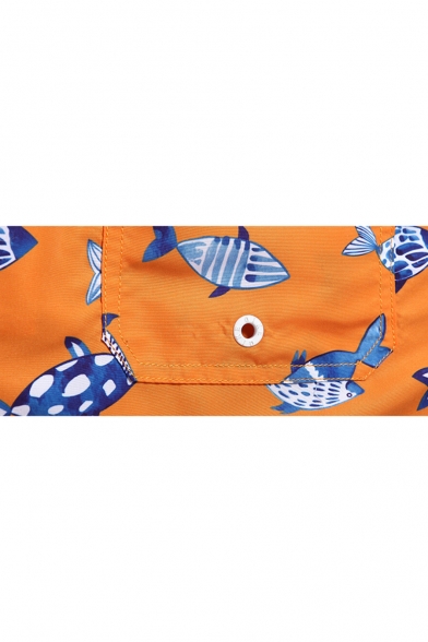 Designer Elastic Orange Fish Printed Swimming Trunks for Guys with Lined Pockets