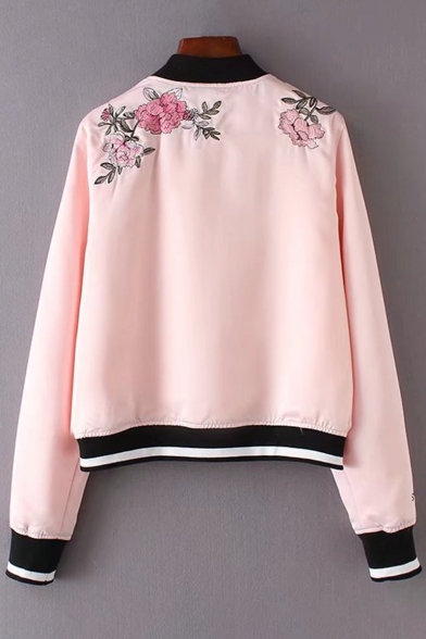 Floral Butterfly Embroidered Contrast Striped Stand Up Collar Log Sleeve Buttons Down Baseball Jacket