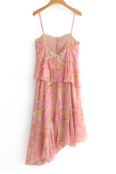 Floral Printed Buttons Embellished Ruffle Detail Maxi Asymmetric Dress