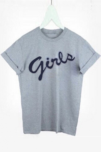 GIRLS Letter Printed Round Neck Short Roll Sleeve Tee