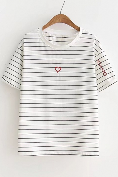 Heart Embroidered Stripes Round Neck Short Sleeve Tee