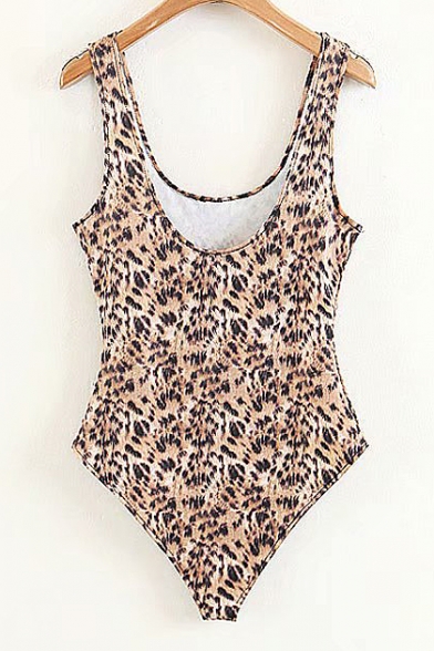 Leopard Animal Printed Round Neck Sleeveless Bodysuit