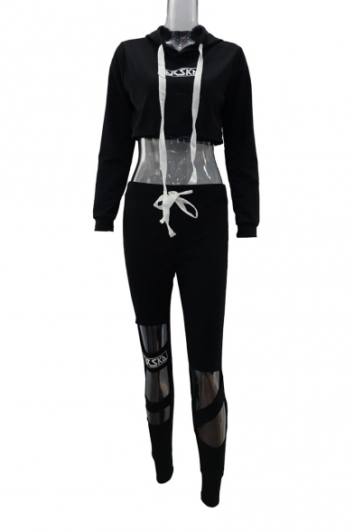 Letter Printed Long Sleeve Crop Hoodie with Cut Out Detail Drawstring Pants Co-ords