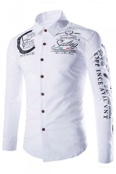 Letter Printed Long Sleeve Slim Buttons Down Shirt