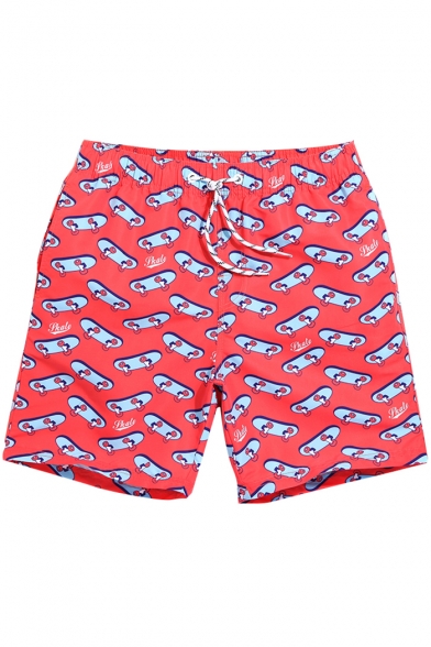 Mens Red Drawstring Stretch All Over Board Pattern Swim Shorts with Hook and Loop Pockets