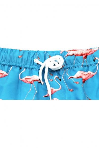 Top Mens Blue Fast Drying Short Flamingo Elastic Bathing Suit with Mesh Liner and Pockets