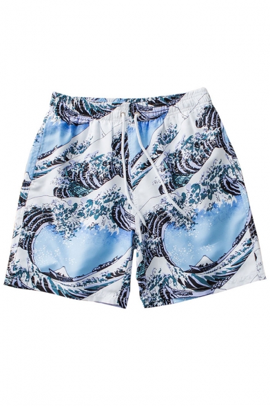 Top Rated Elastic Blue and White Fast Dry Sea Water Wave Stretch Swim Shorts for Guys with Liner