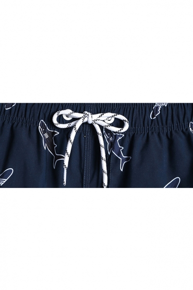 Trendy Navy Blue Fast Drying Drawcord Shark Fish Beach Shorts for Men with Mesh Brief