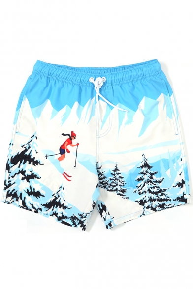 Unique White and Blue Fast Drying Skiing Cartoon Drawcord Swim Shorts Trunks with Mesh Brief