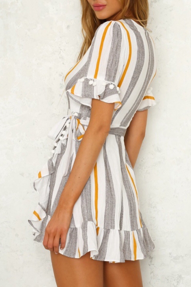 V Neck Short Sleeve Striped Printed Pom Pom Embellished Mini A-Line Dress