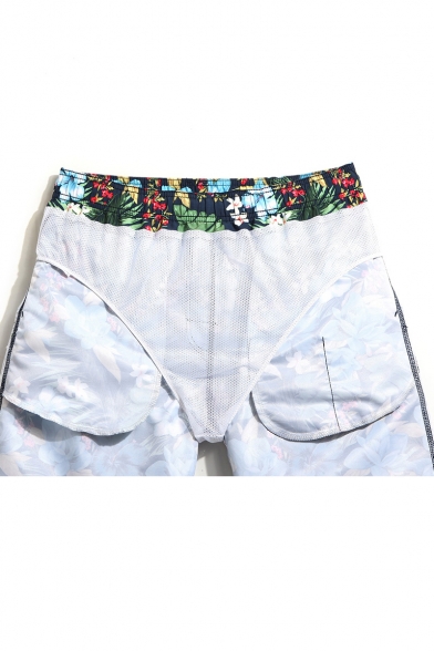 Awesome Fast Dry Men's Navy Blue Floral Tropical Print Swimming Shorts with Mesh Brief Liner