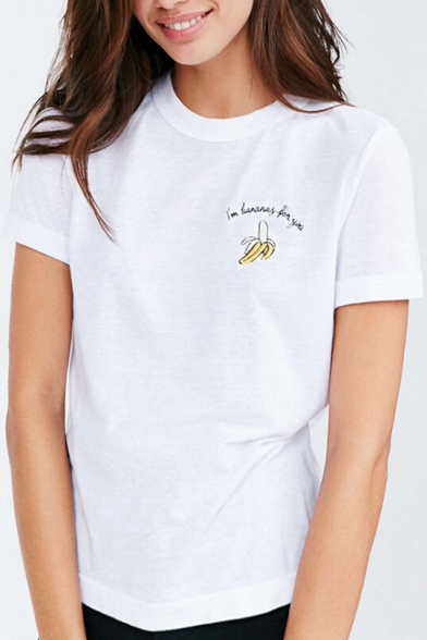 Banana Letter Embroidered Round Neck Short Sleeve Tee