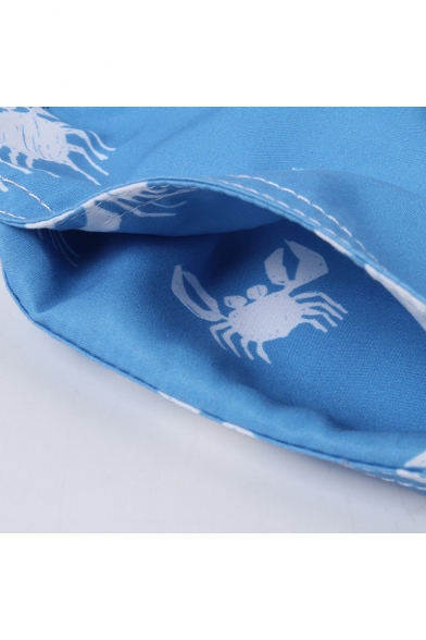 Blue Short Summer Crab Pattern Swimming Trunks for Guy without Liner with Drain Hole