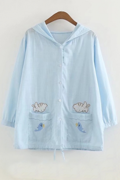 Cat and Fish Embroidered Single Breasted Button Hooded Half Sleeve Drawstring Hem Coat