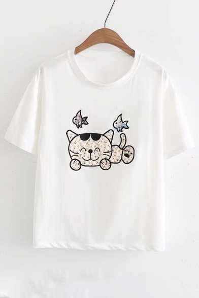 Cat Fish Embroidered Round Neck Short Sleeve Tee