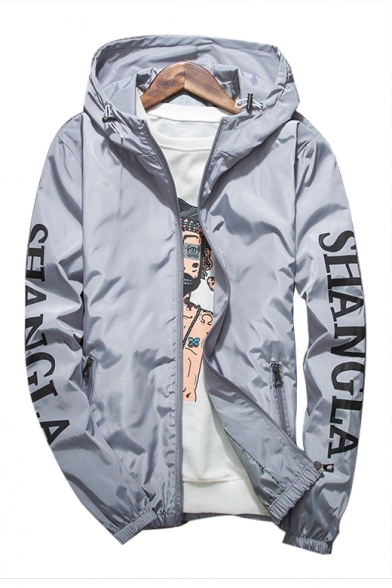Character Letter Printed Long Sleeve Zip Up Hooded Coat