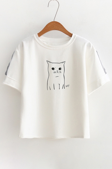 Contrast Striped Applique Short Sleeve Cat Printed Round Neck Short Sleeve Tee