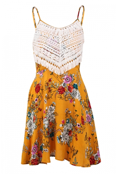 Crochet Tassel Embellished Floral Printed Spaghetti Straps Sleeveless Mini Cami Dress