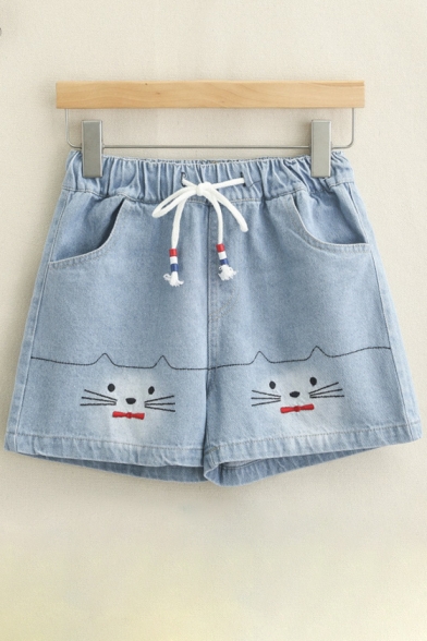 Cute Cat Printed Elasticated Drawstring Waist  Denim Shorts