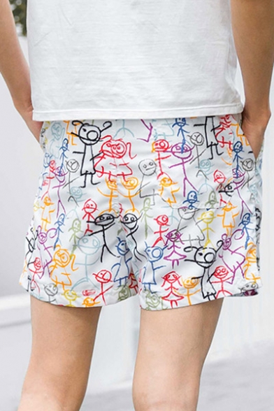 Cute Funny Elastic White Stick Man Printed Swim Shorts for Men with Mesh Brief Lining