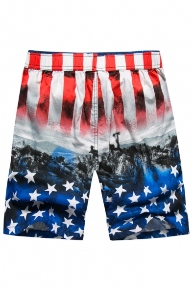 Elastic Mens Big and Tall American Flag Red White Blue Swim Trunks with Drawcord and Pockets