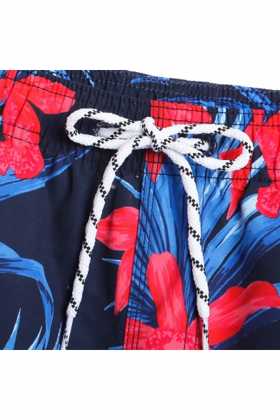 Fast Drying Male Navy Blue and Red Floral Print Swim Trunks with Mesh Lined Pockets