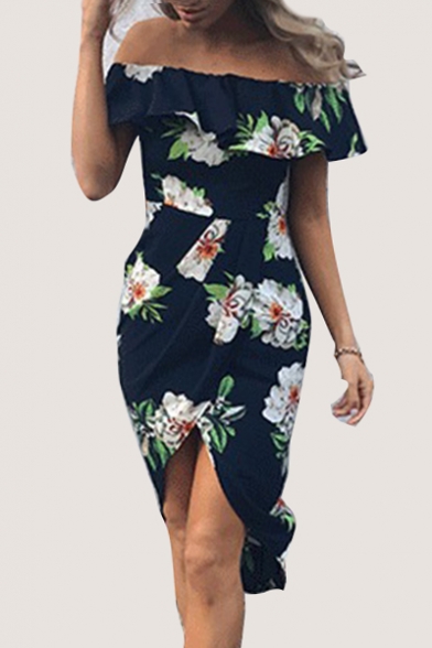 Floral Printed Off The Shoulder Short Sleeve Midi Asymmetric Dress