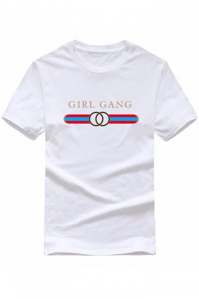 GIRL GANG Letter Graphic Printed Round Neck Short Sleeve Tee