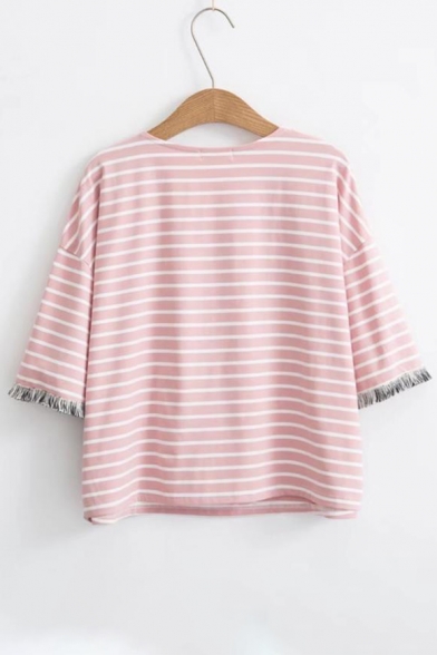 HELP Letter Bear Printed Round Neck Short Sleeve Striped Tee