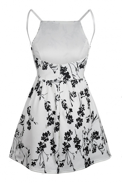 Ink Printed Spaghetti Straps Sleeveless Hollow Out Back Mini A-Line Dress