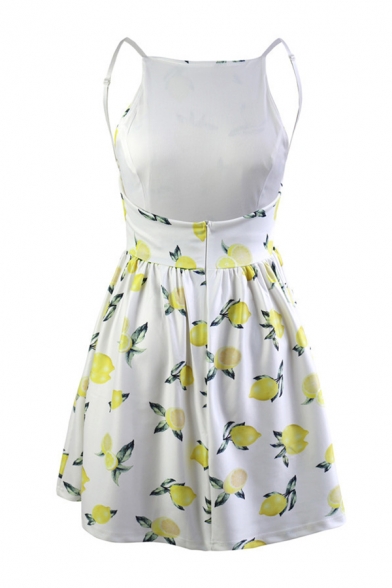 Lemon Printed Spaghetti Straps Sleeveless Hollow Out Back Mini A-Line Dress