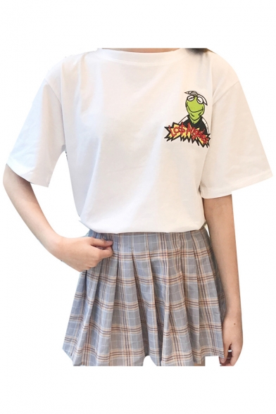 LOS ANGELES Letter Frog Embroidered Round Neck Short Sleeve Tee