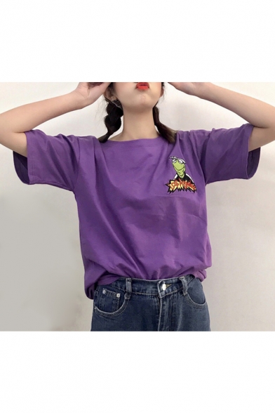 LOS ANGELES Letter Frog Embroidered Round Neck Short Sleeve Tee