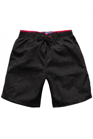Men's Cool Elastic Black Floral Leaf Print Swim Trunks Beach Shorts with Black Liner