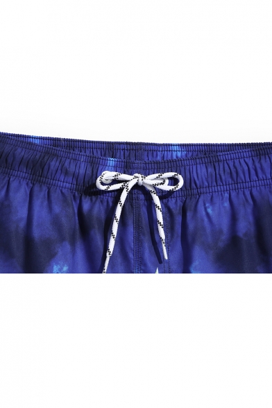Men's Unique Blue Drawcord Bird Leaf Printed Swim Trunks Shorts with Back Pocket