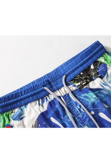 Mens Designer Blue Fast Drying Drawstring Tropical Leaf Bathing Trunks with Cargo Pocketsnd Loop Pockets