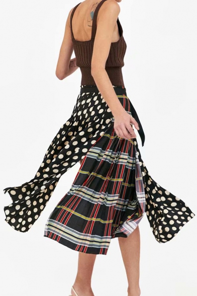 Plaid Floral Polka Dot Printed Patchwork Maxi Asymmetric Skirt