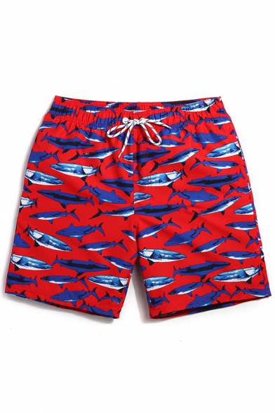 Quick Dry Top Mens Red Drawstring Shark Fish Bathing Suit without Liner