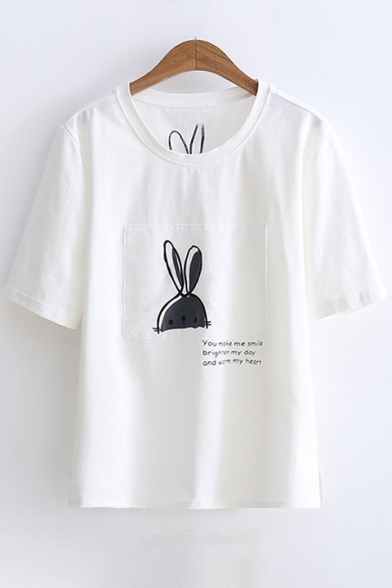 Rabbit Letter Printed Round Neck Short Sleeve Tee