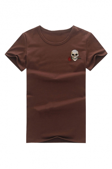 Round Neck Floral Skull Embroidered Short Sleeve Tee